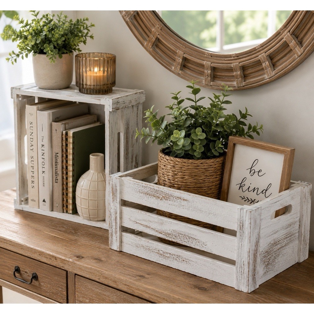 Farmhouse Wooden Crate Set | Whitewashed Nesting Storage Boxes Set of 2